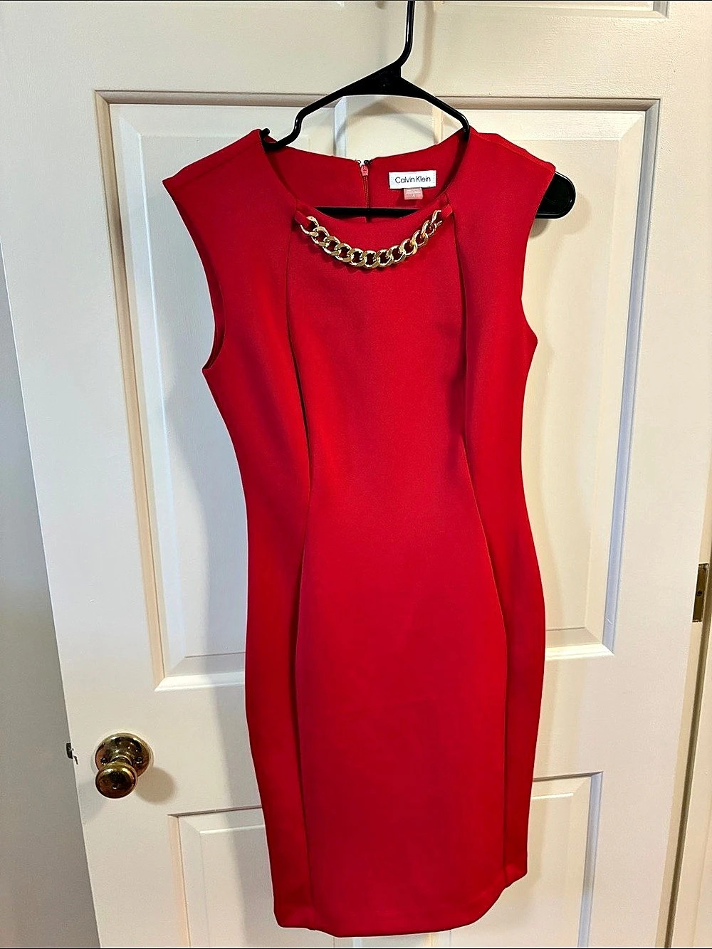 Calvin Klein Red Gold Chain Neck Sheath Dress Midi Dress Small